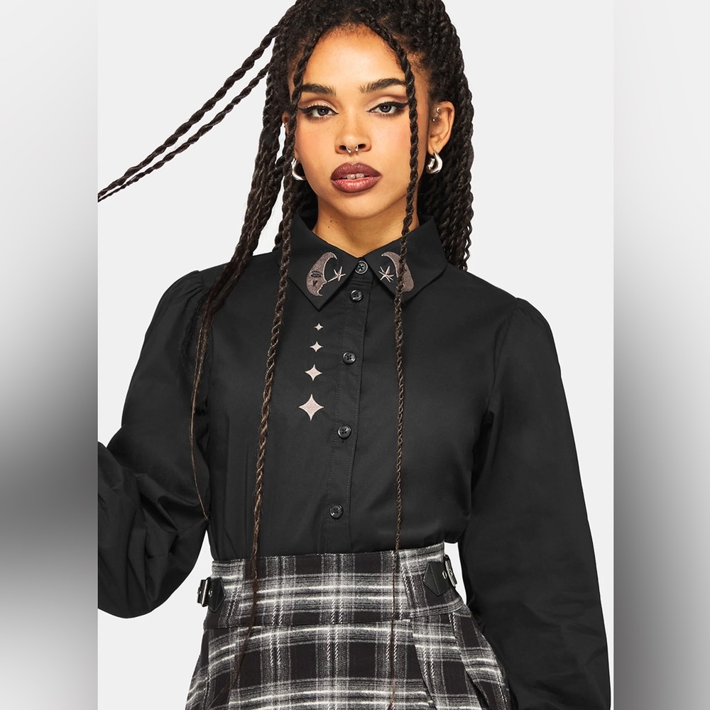 New Dysturbia Ravyn Moon and Star Embroidered Poplin Shirt, Size 8 - Goth